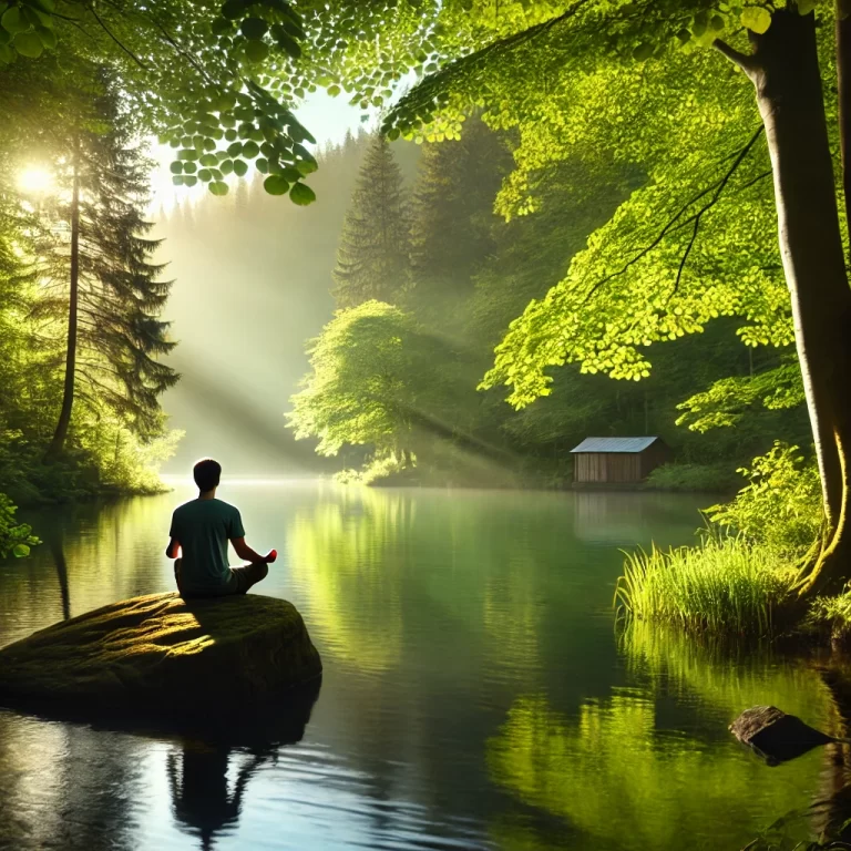 "A person practicing mindfulness meditation outdoors, surrounded by nature, promoting mental wellness through relaxation and stress relief."
