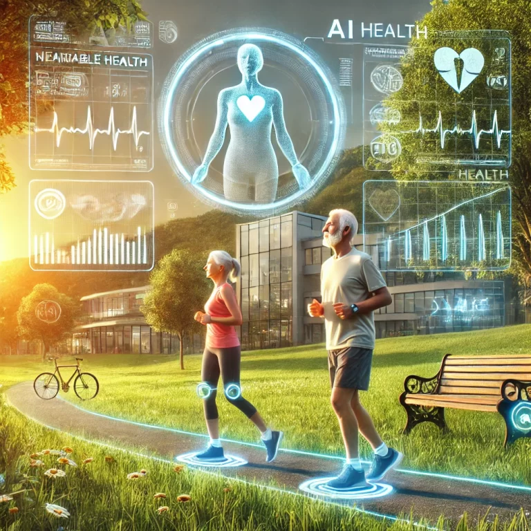 A futuristic vision of longevity and wellness, showcasing people of different ages engaging in healthy activities like yoga, jogging, and meditation in a high-tech park. Wearable health devices track their vitals, while a cutting-edge medical research center in the background symbolizes advancements in longevity science."