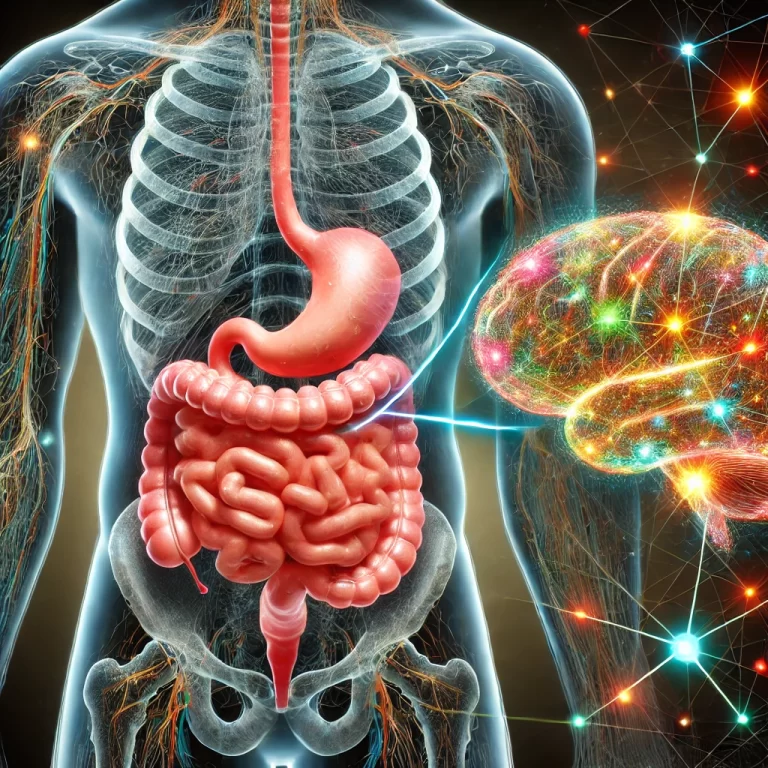 A detailed digital illustration of the human gut microbiome, showing neural pathways connecting the gut to the brain, highlighting the gut-brain axis.