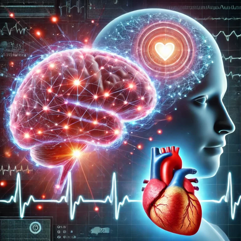 A futuristic depiction of the heart-brain connection with a glowing brain linked to a pulsating heart through illuminated pathways.