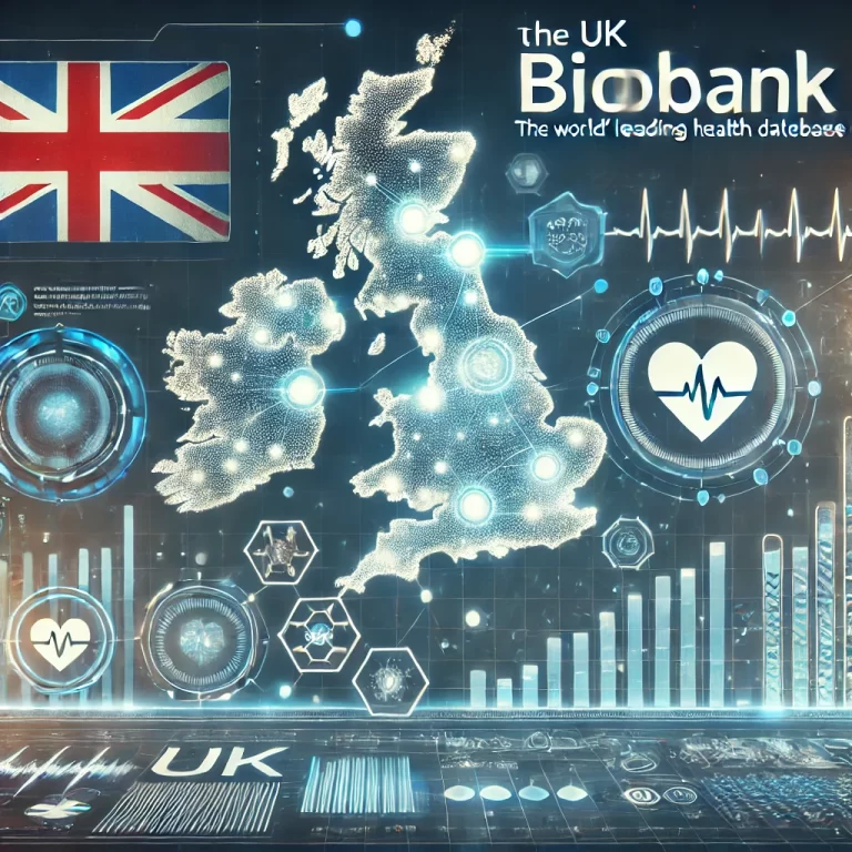 A futuristic digital illustration representing the UK Biobank, featuring a UK map interconnected with glowing health data points. The image includes scientific elements like DNA strands, heart rate monitors, and test tubes, symbolizing medical research and data analytics.