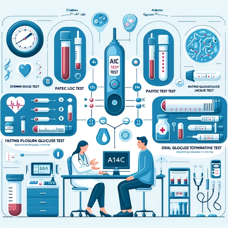 Infographic illustrating different diabetes diagnostic tests, including A1C test, fasting plasma glucose test, oral glucose tolerance test, and random plasma glucose test, with medical equipment and a doctor explaining results to a patient.