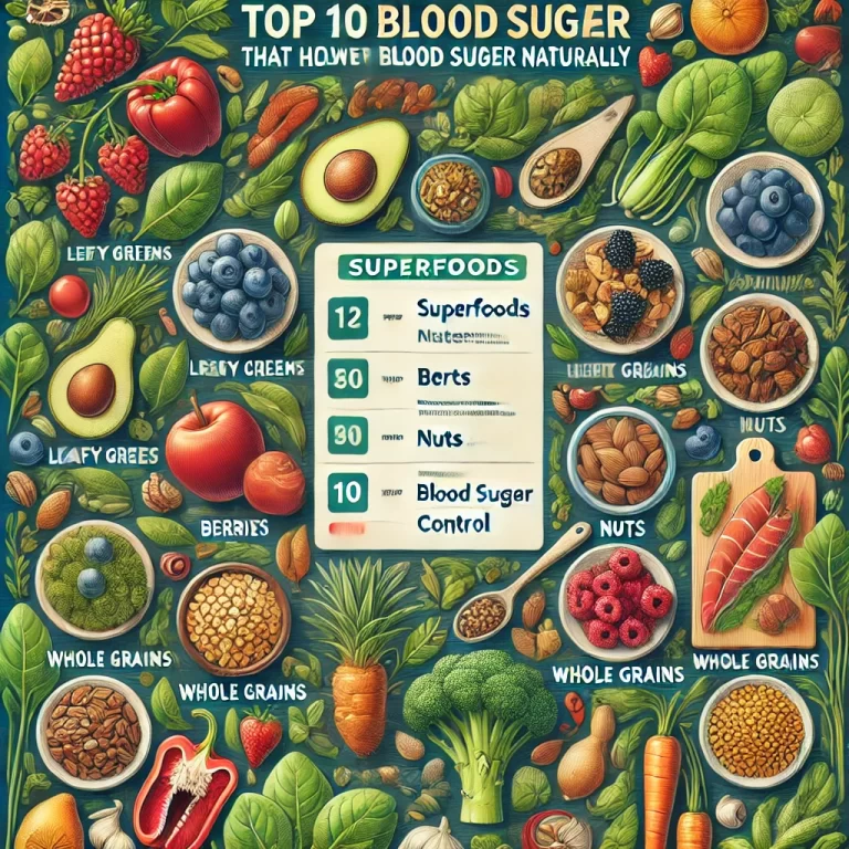 "An infographic displaying the top 10 superfoods that help lower blood sugar naturally, including leafy greens, berries, nuts, whole grains, and legumes, with brief descriptions of their benefits."