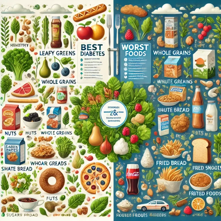 An infographic illustrating the best and worst foods for diabetes management, showing diabetes-friendly foods like leafy greens, whole grains, nuts, and lean proteins on one side, and unhealthy foods like sugary drinks, fried foods, and processed snacks on the other.