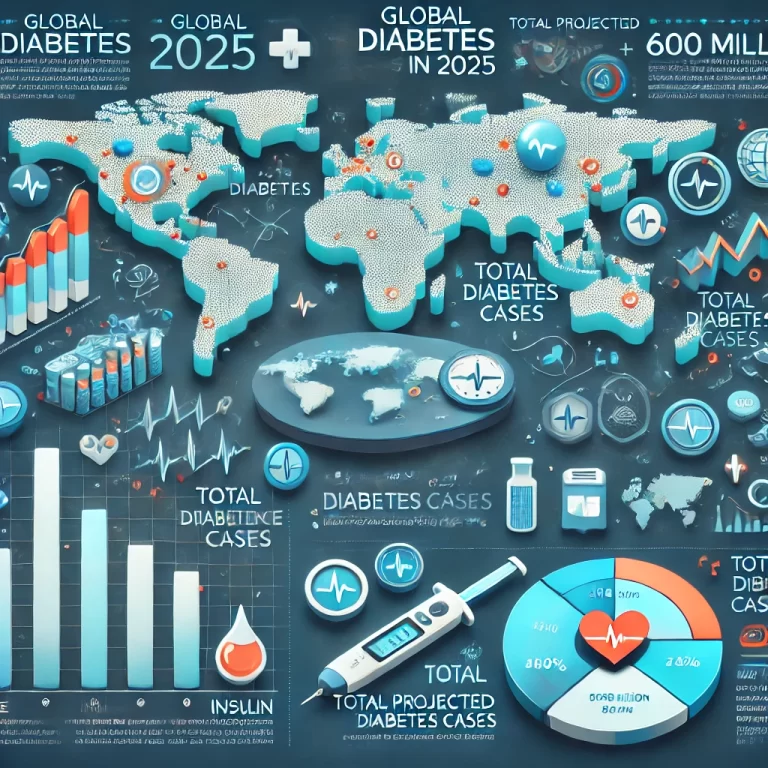Global diabetes statistics infographic showing diabetes prevalence by region, bar graphs comparing incidence rates, and key numerical data for 2025.