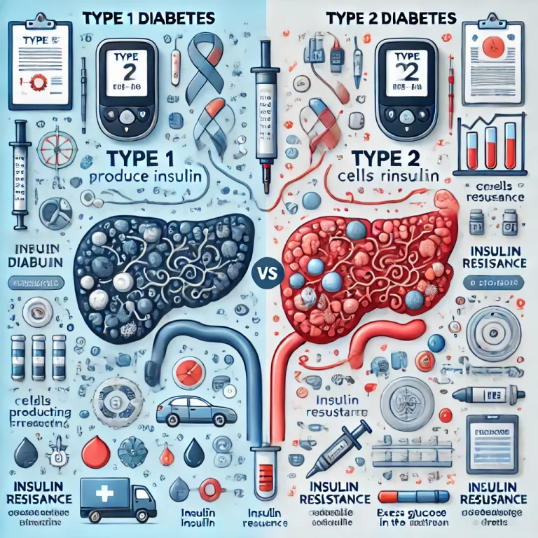 Infographic illustrating the differences between Type 1 and Type 2 diabetes, showing insulin production and resistance, along with medical icons like glucose monitors and insulin syringes